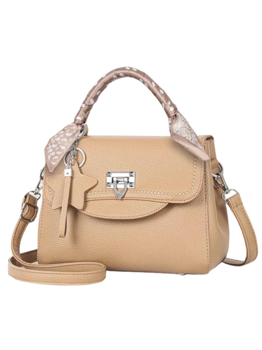 Beige Top-Handle Satchel Bag with Scarf Accent
